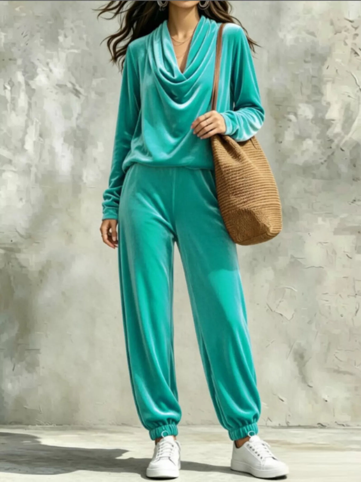 View 7 of the velvet two-piece set with a cowl-neck top and matching pants.