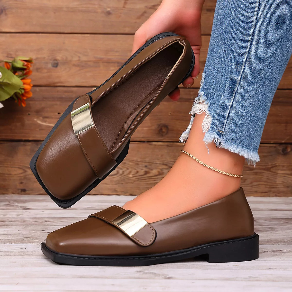 View 7 of the square-toe slip-on shoes with a low heel.