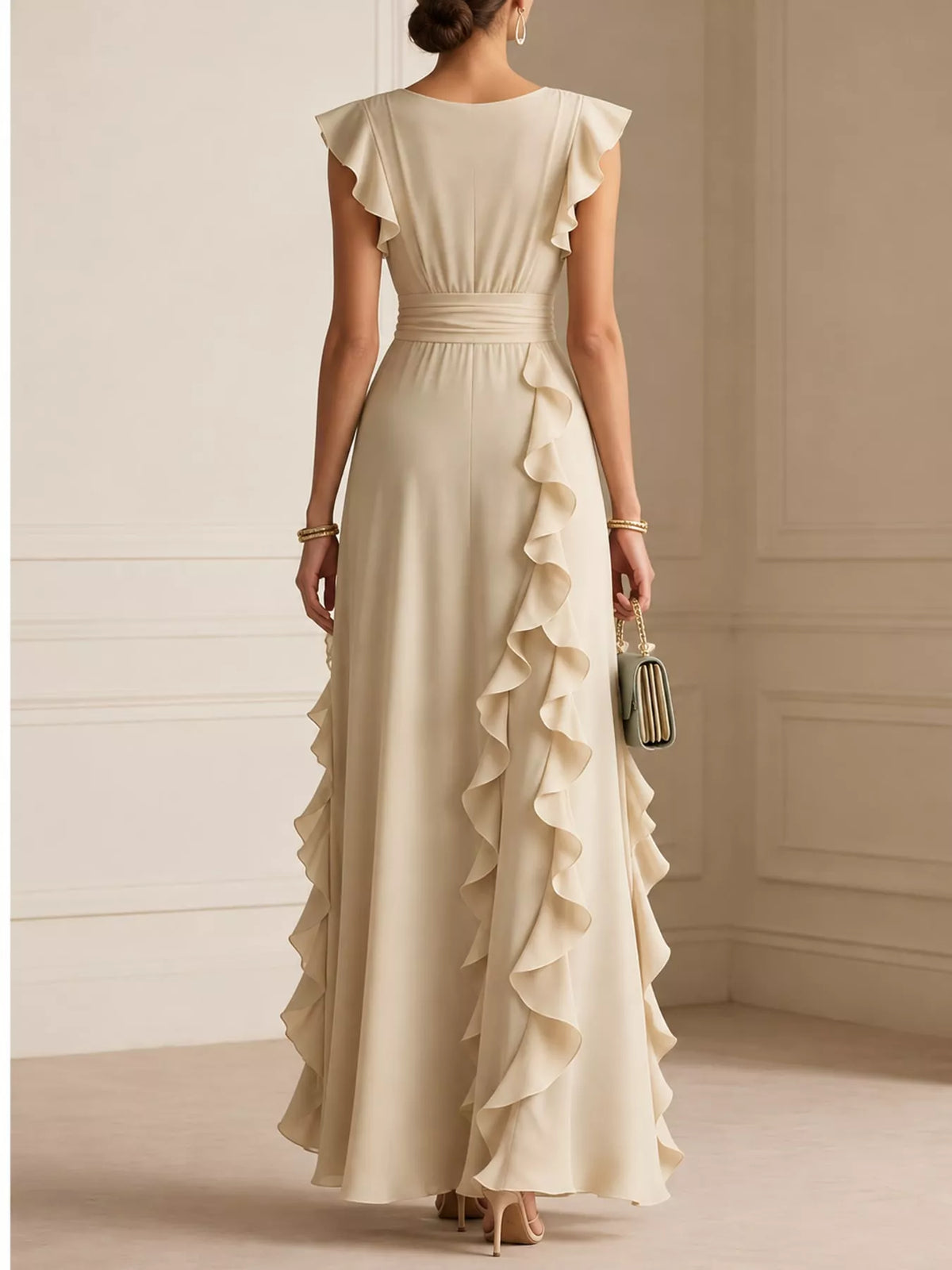 View 3 of the sleeveless maxi dress with a surplice wrap neck, ruffles, and a pleated skirt.