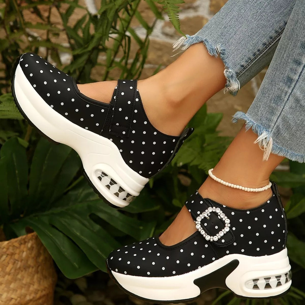 View 2 of the polka-dot platform loafers with a rhinestone buckle.