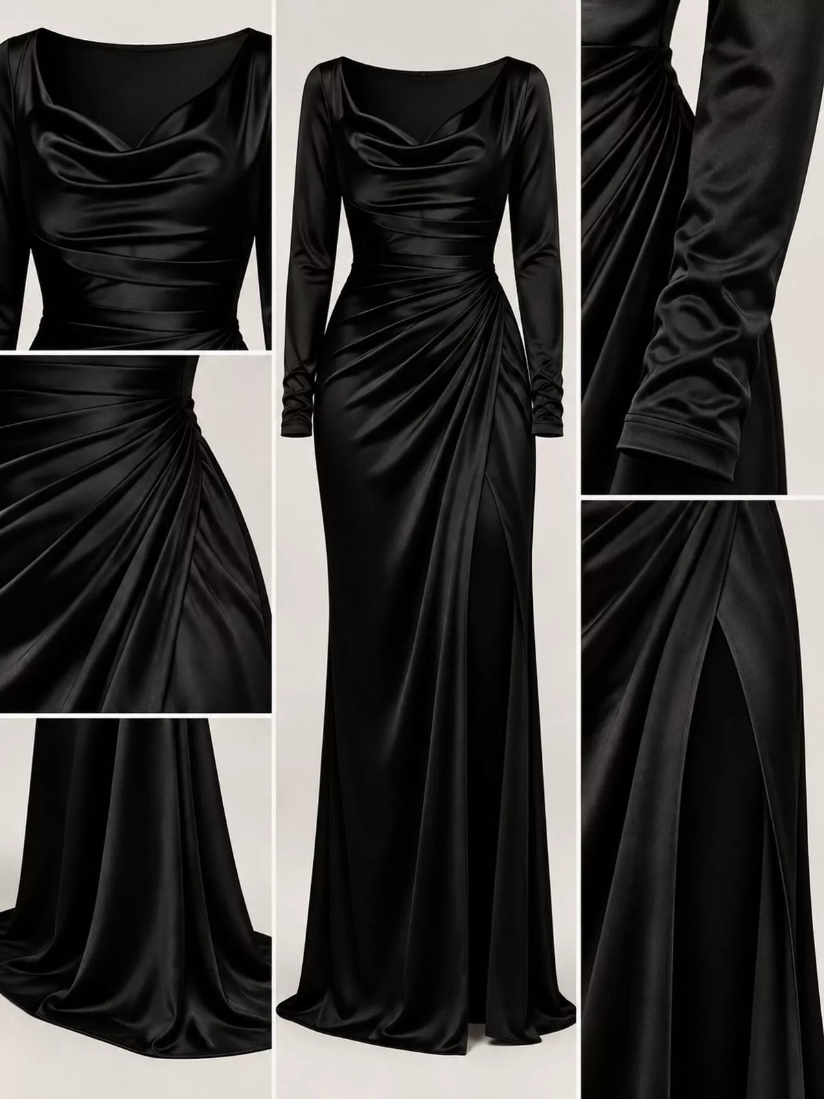 View 2 of the satin evening maxi dress with a cowl neck, a high slit, and ruching.