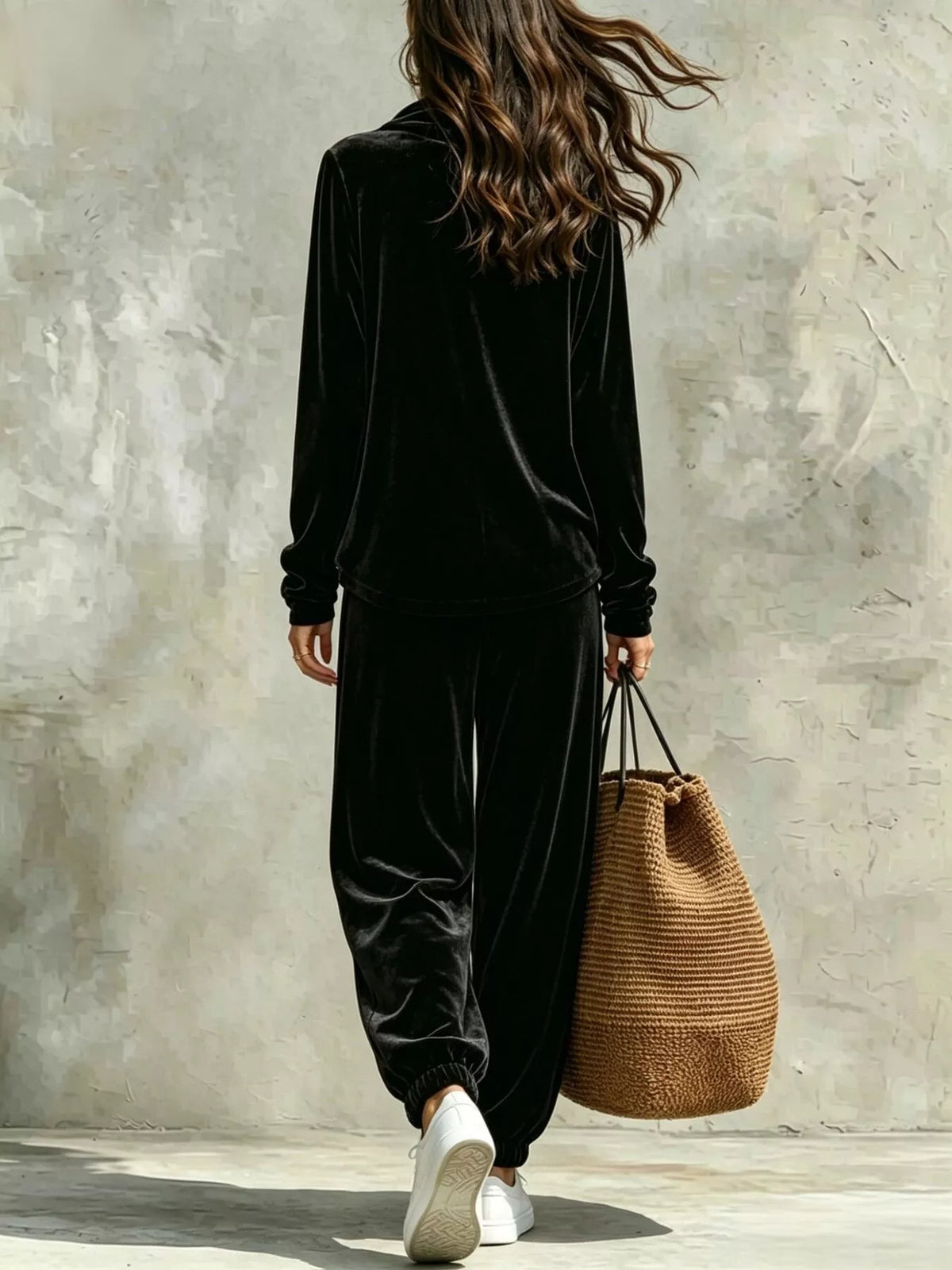 View 3 of the velvet two-piece set with a cowl-neck top and matching pants.