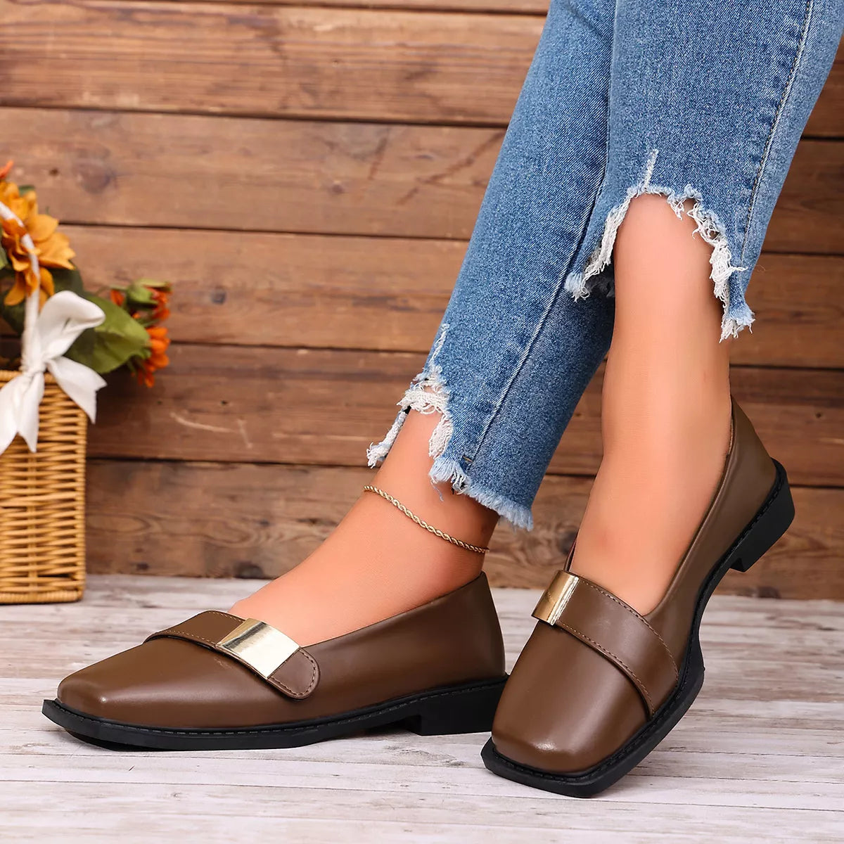 View 6 of the square-toe slip-on shoes with a low heel.