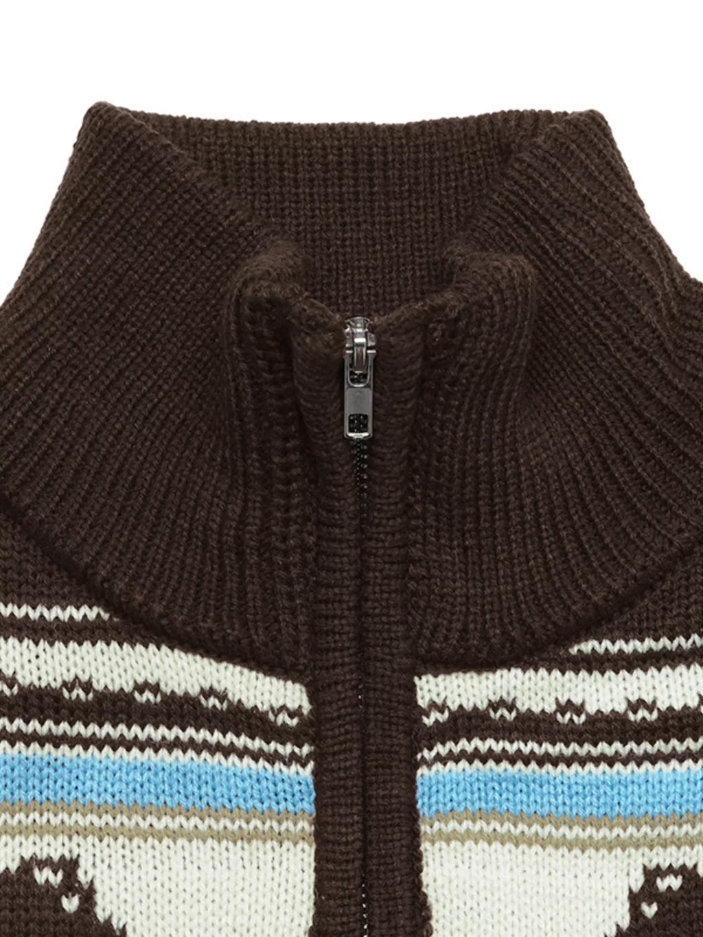 View 7 of the brown zip mock-neck cardigan with black horses on a cream chest band.