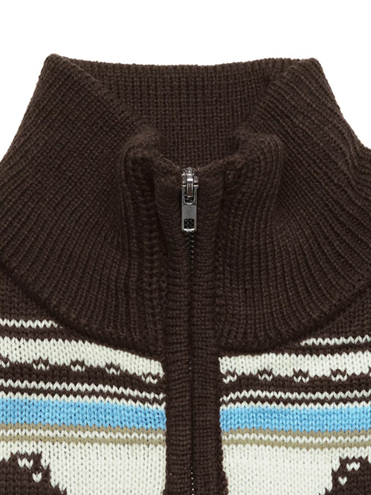 View 7 of the brown zip mock-neck cardigan with black horses on a cream chest band.