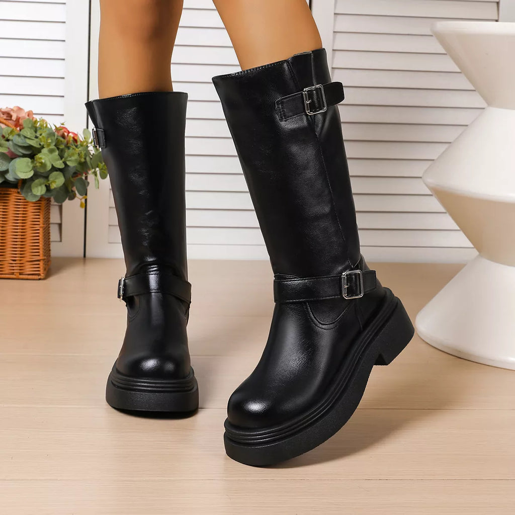 View 2 of the round-toe platform boots in PU leather.