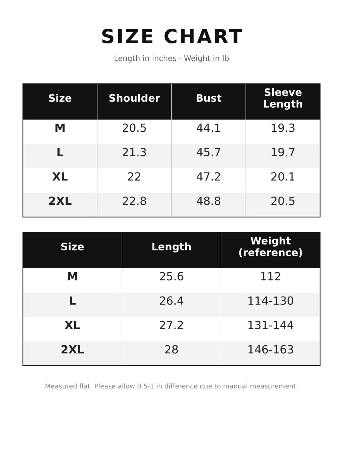 Size chart for the oversized navy-and-cream striped tee with dropped shoulders.