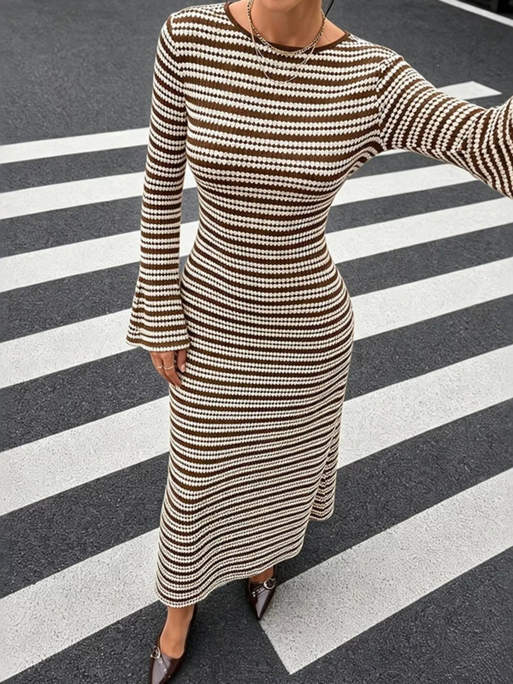 Striped flare sleeve ribbed knit dress